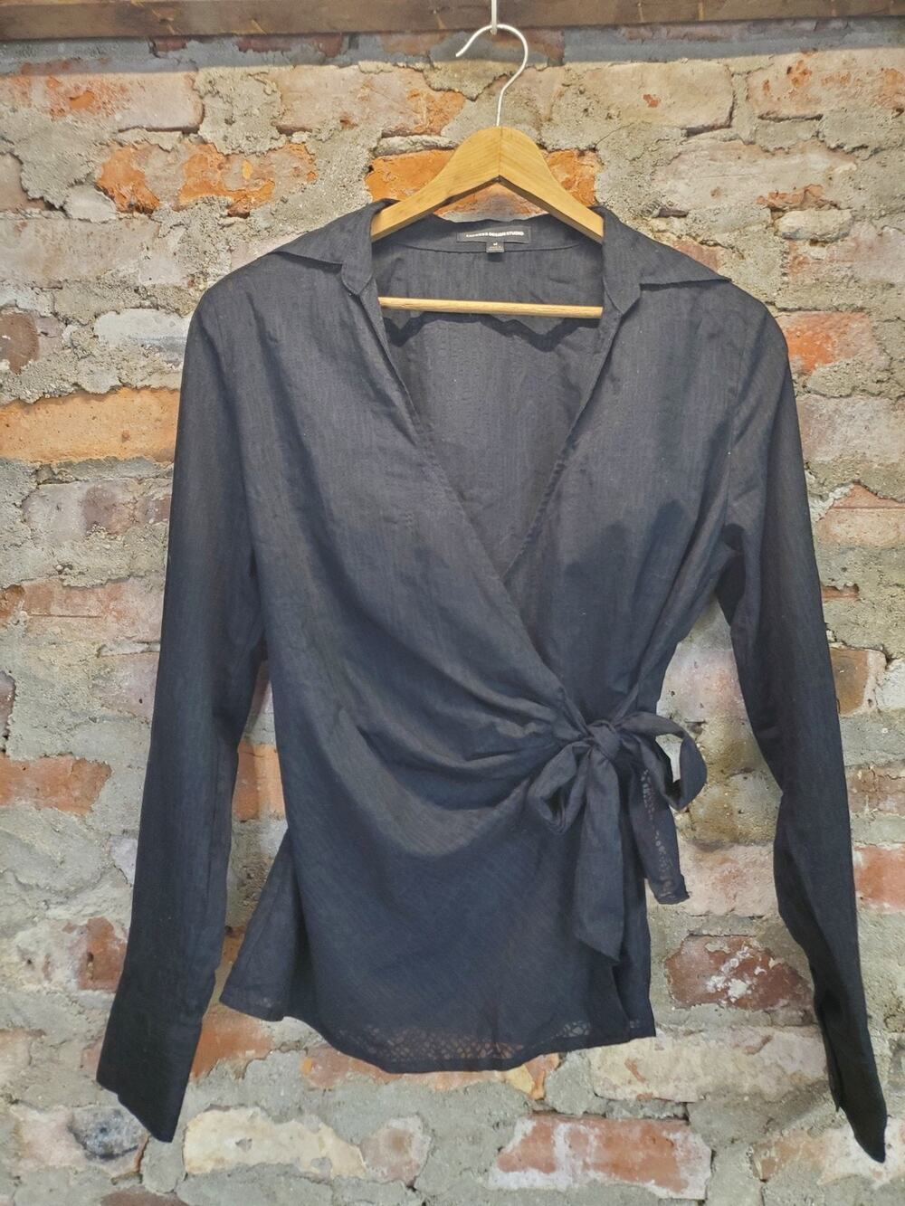 Express Design Studio Womens Black Wrap Blouse M Long Sleeve Tie Front Collared